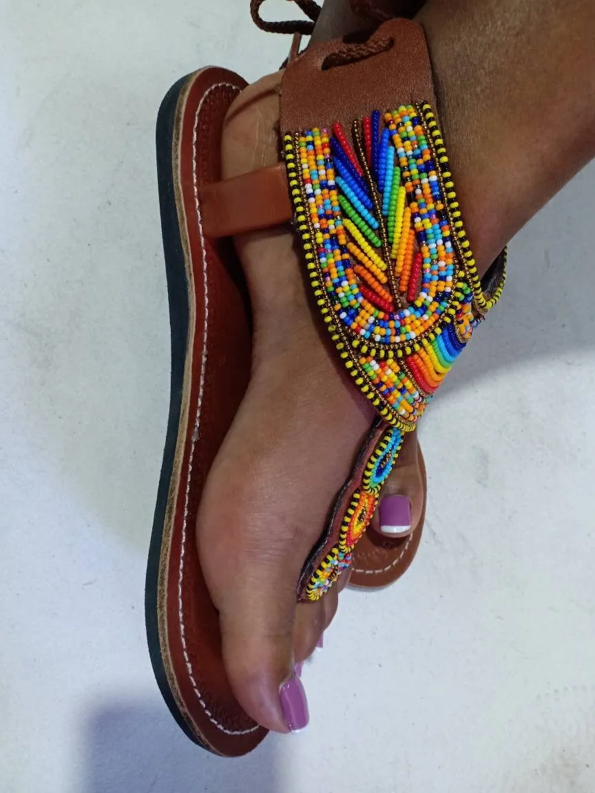 Handmade African Beaded Sandals/Authentic Maasai-Style Leather Flip-Flops Women/Boho Beach Sandals/Comfortable Summer Sandal African Gifts