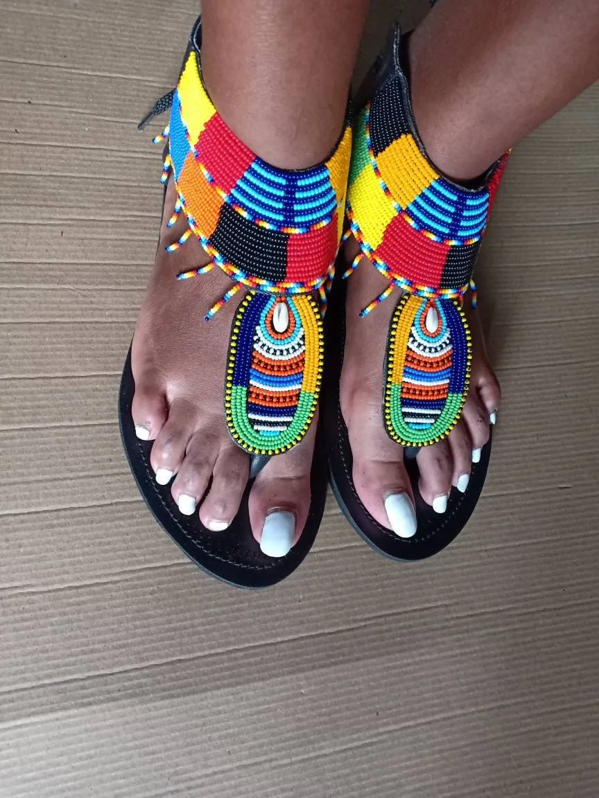 Handmade African Beaded Sandals/Authentic Maasai-Style Leather Flip-Flops Women/Boho Beach Sandals/Comfortable Summer Sandal African Gifts