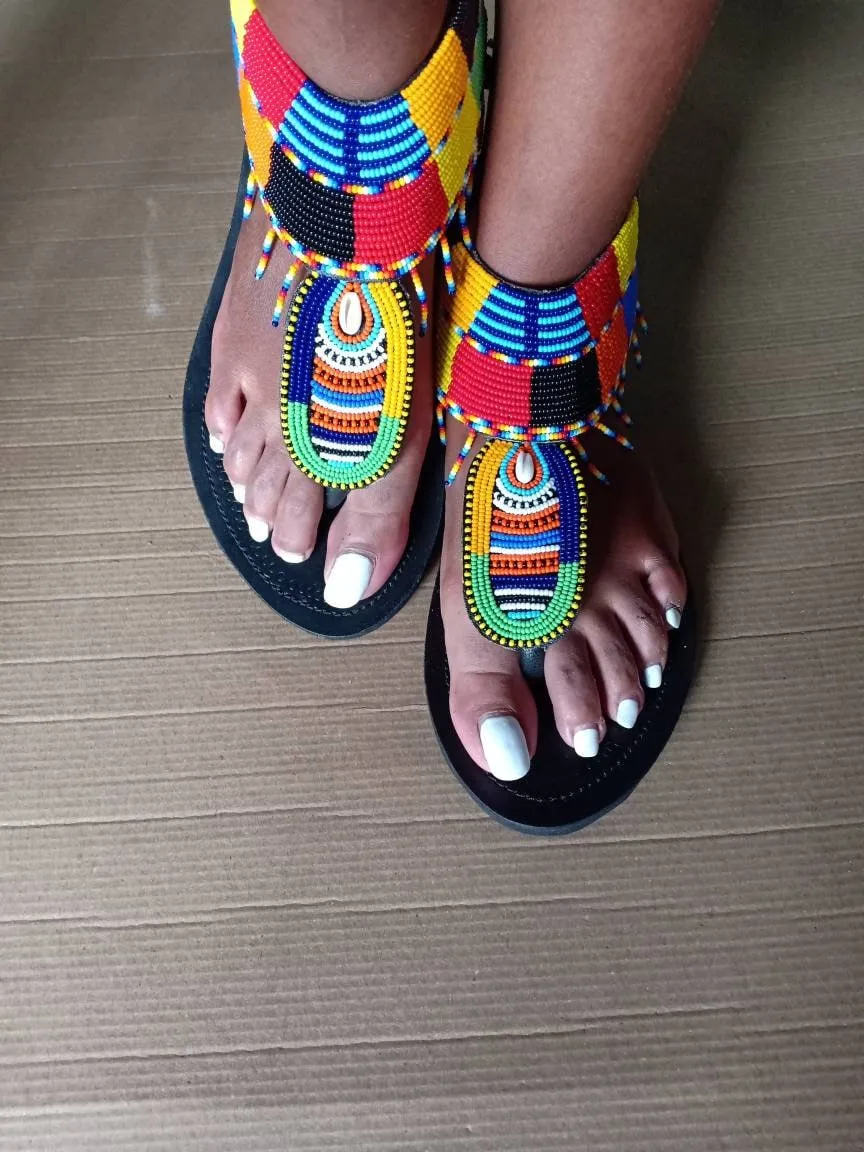 Handmade African Beaded Sandals/Authentic Maasai-Style Leather Flip-Flops Women/Boho Beach Sandals/Comfortable Summer Sandal African Gifts