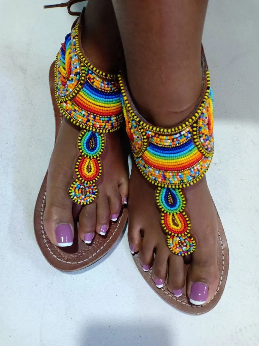 Handmade African Beaded Sandals/Authentic Maasai-Style Leather Flip-Flops Women/Boho Beach Sandals/Comfortable Summer Sandal African Gifts