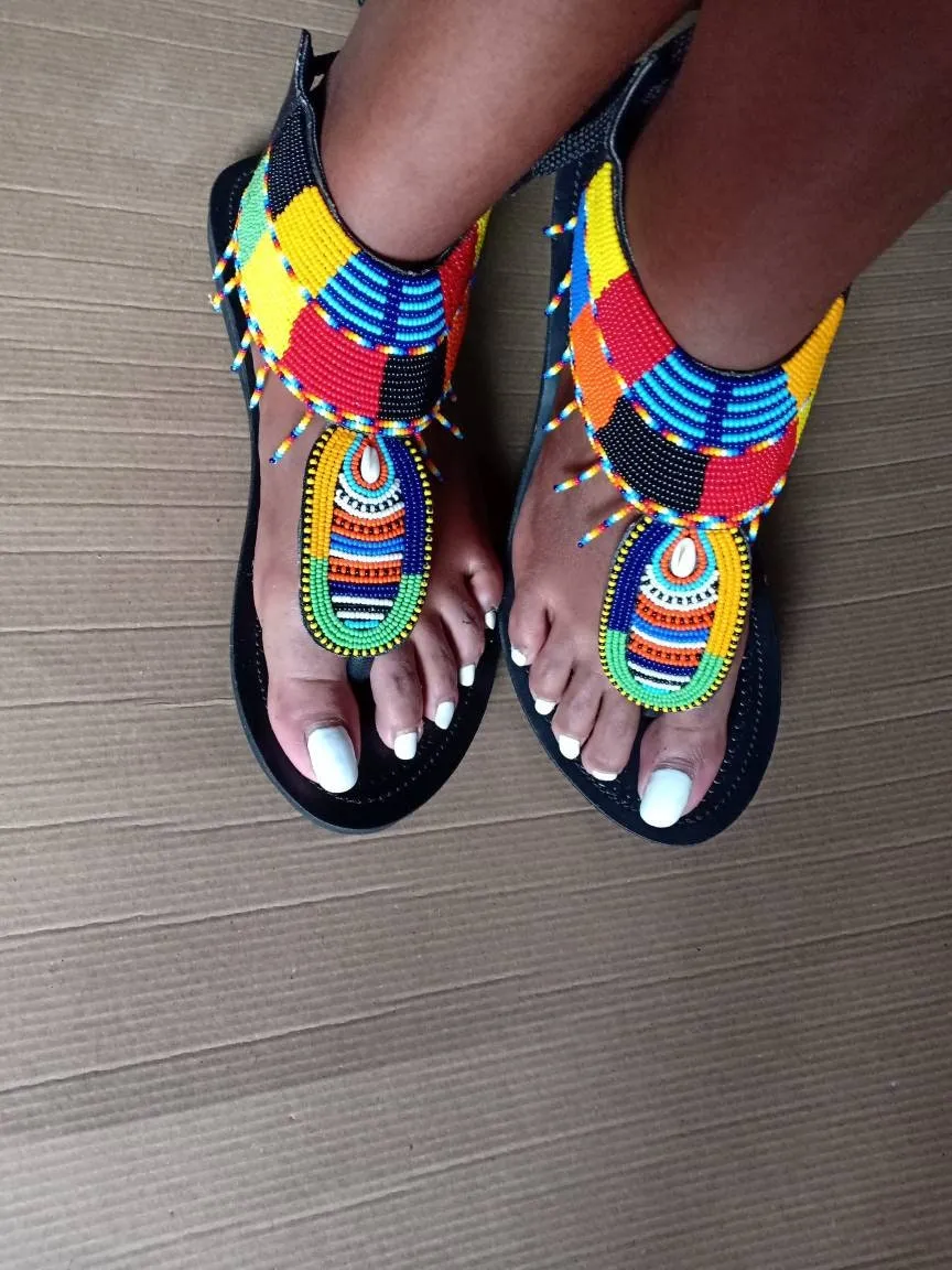 Handmade African Beaded Sandals/Authentic Maasai-Style Leather Flip-Flops Women/Boho Beach Sandals/Comfortable Summer Sandal African Gifts