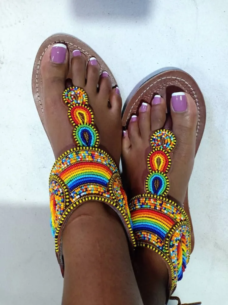 Handmade African Beaded Sandals/Authentic Maasai-Style Leather Flip-Flops Women/Boho Beach Sandals/Comfortable Summer Sandal African Gifts