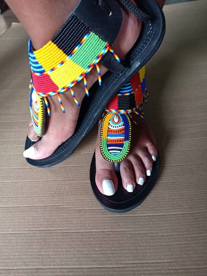 Handmade African Beaded Sandals/Authentic Maasai-Style Leather Flip-Flops Women/Boho Beach Sandals/Comfortable Summer Sandal African Gifts