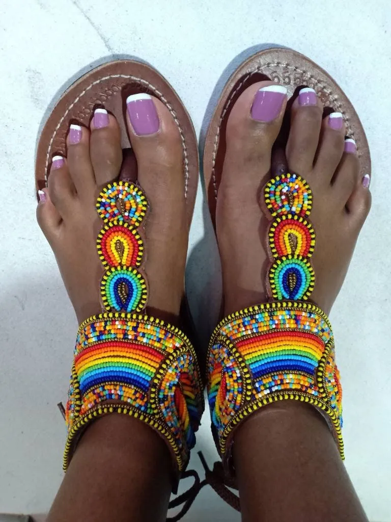 Handmade African Beaded Sandals/Authentic Maasai-Style Leather Flip-Flops Women/Boho Beach Sandals/Comfortable Summer Sandal African Gifts