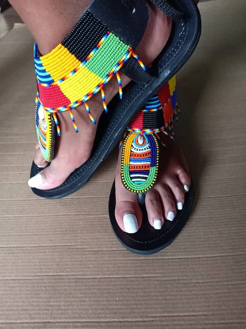 Handmade African Beaded Sandals/Authentic Maasai-Style Leather Flip-Flops Women/Boho Beach Sandals/Comfortable Summer Sandal African Gifts