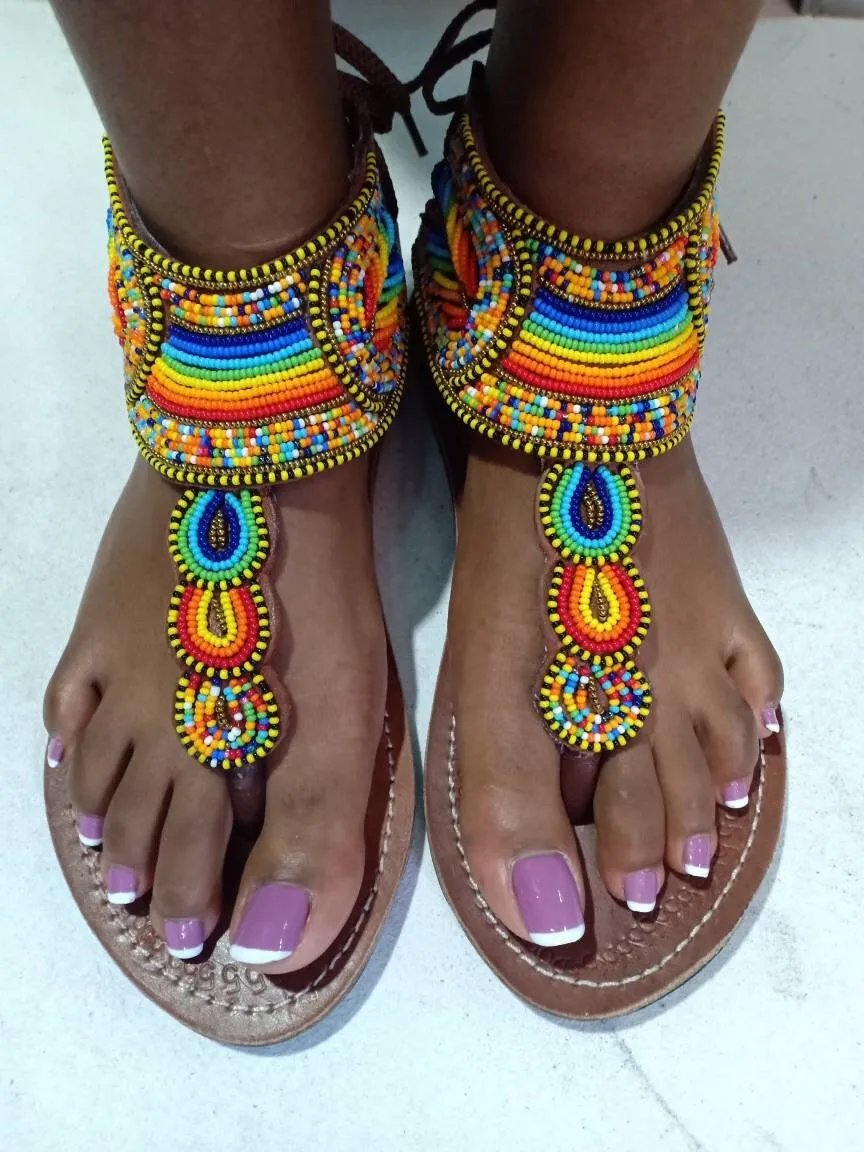 Handmade African Beaded Sandals/Authentic Maasai-Style Leather Flip-Flops Women/Boho Beach Sandals/Comfortable Summer Sandal African Gifts