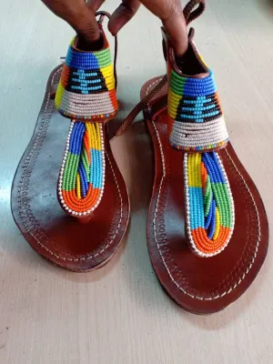 Handmade African Beaded Sandals/Authentic Maasai-Style Leather Flip-Flops Women/Boho Beach Sandals/Comfortable Summer Sandal African Gifts