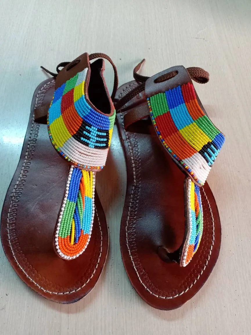 Handmade African Beaded Sandals/Authentic Maasai-Style Leather Flip-Flops Women/Boho Beach Sandals/Comfortable Summer Sandal African Gifts