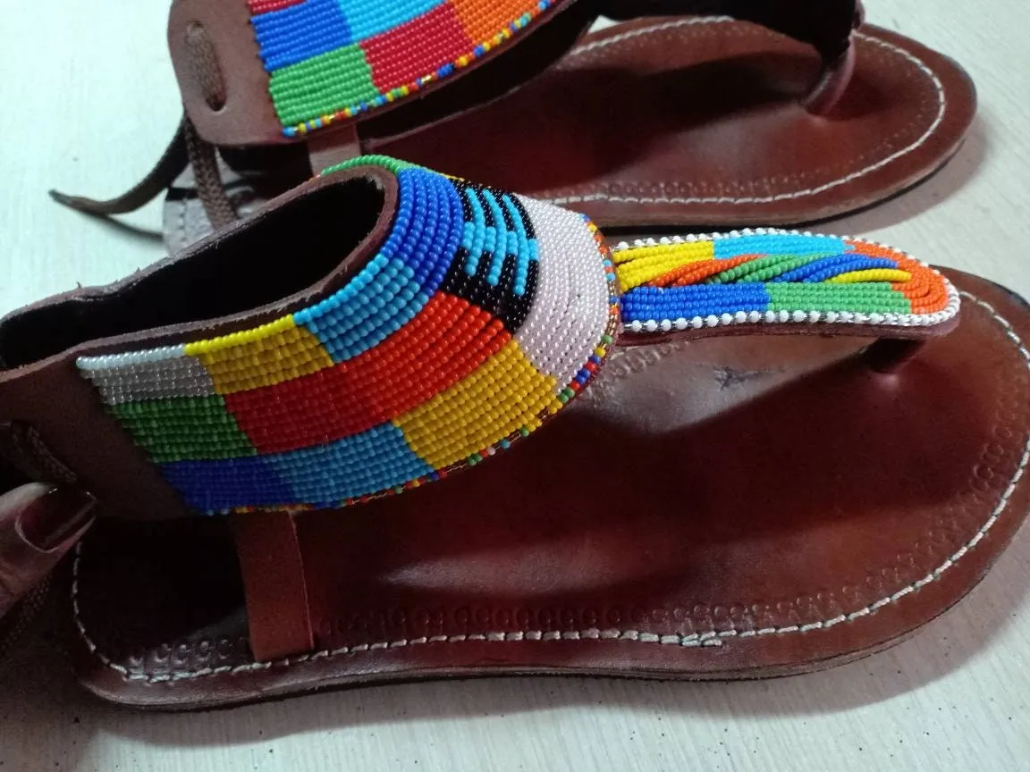Handmade African Beaded Sandals/Authentic Maasai-Style Leather Flip-Flops Women/Boho Beach Sandals/Comfortable Summer Sandal African Gifts