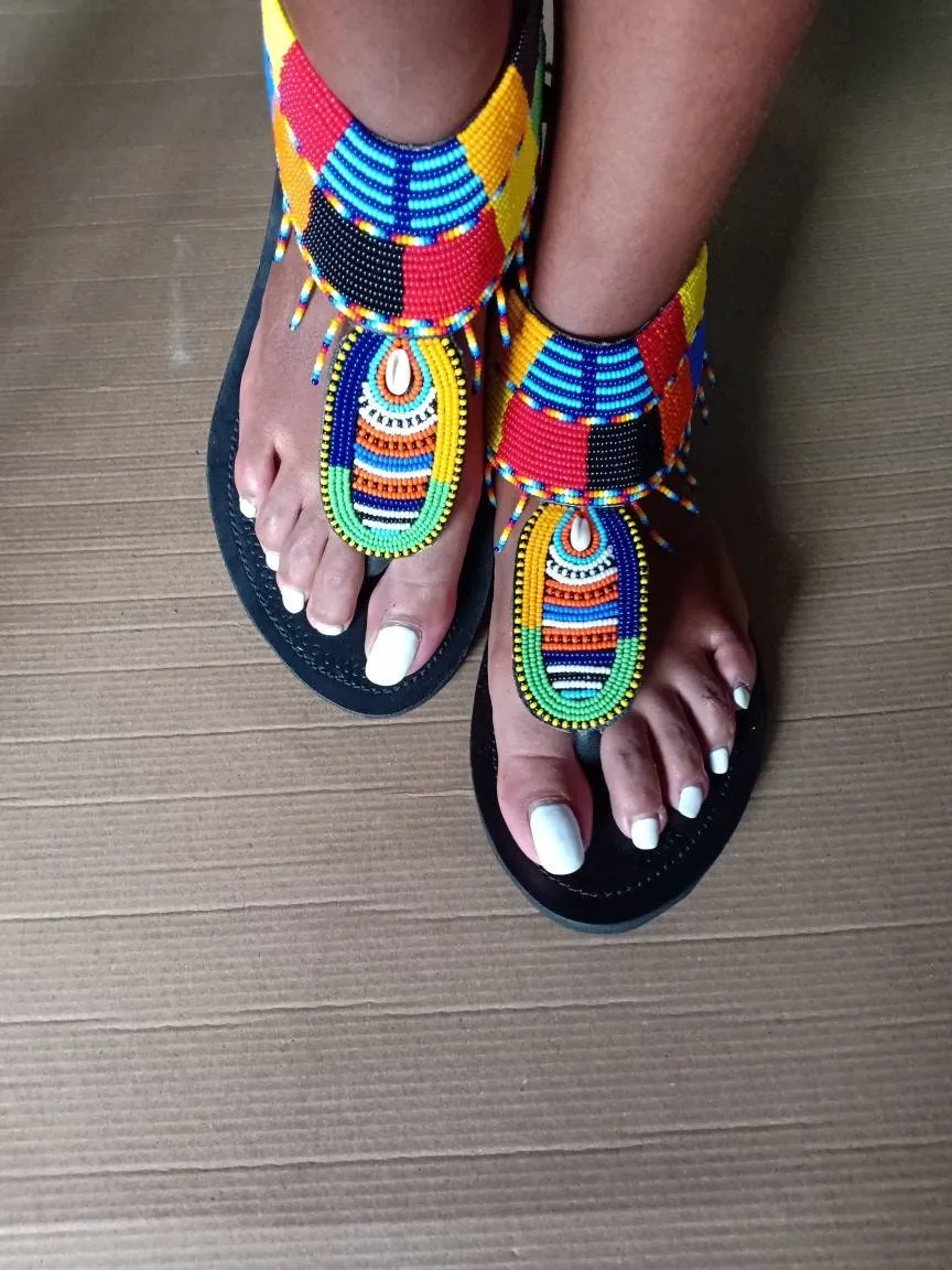 Handmade African Beaded Sandals/Authentic Maasai-Style Leather Flip-Flops Women/Boho Beach Sandals/Comfortable Summer Sandal African Gifts