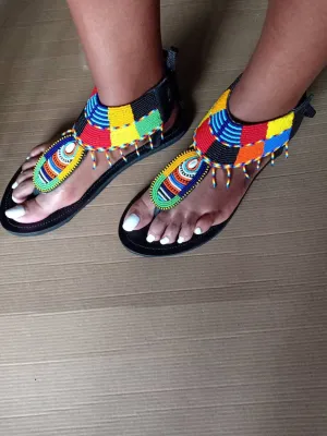 Handmade African Beaded Sandals/Authentic Maasai-Style Leather Flip-Flops Women/Boho Beach Sandals/Comfortable Summer Sandal African Gifts