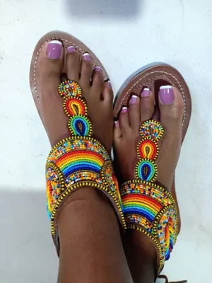 Handmade African Beaded Sandals/Authentic Maasai-Style Leather Flip-Flops Women/Boho Beach Sandals/Comfortable Summer Sandal African Gifts