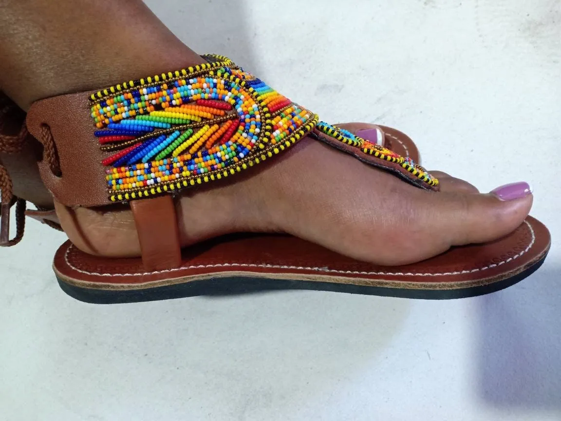 Handmade African Beaded Sandals/Authentic Maasai-Style Leather Flip-Flops Women/Boho Beach Sandals/Comfortable Summer Sandal African Gifts