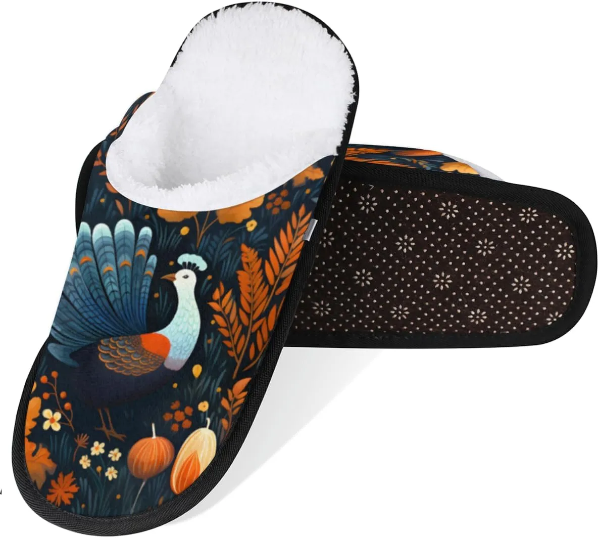 Happy Thanksgiving Turkey Women's House Slippers Autumn Leaf Slip-on Fuzzy Memory Foam Slippers Anti Skid Indoor Warm Home Shoes