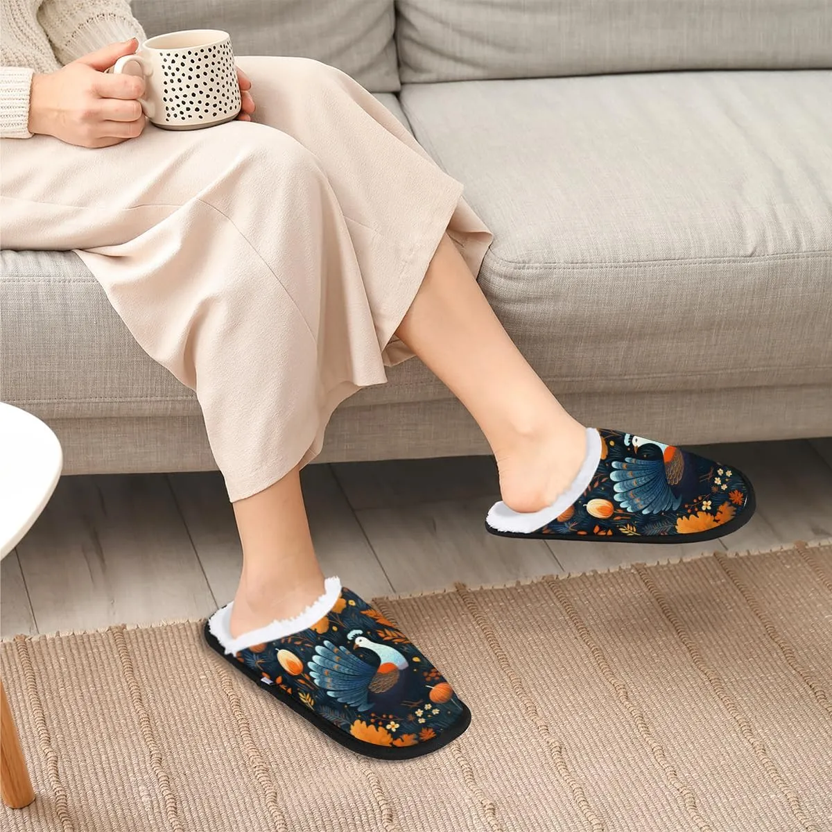 Happy Thanksgiving Turkey Women's House Slippers Autumn Leaf Slip-on Fuzzy Memory Foam Slippers Anti Skid Indoor Warm Home Shoes