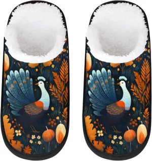 Happy Thanksgiving Turkey Women's House Slippers Autumn Leaf Slip-on Fuzzy Memory Foam Slippers Anti Skid Indoor Warm Home Shoes