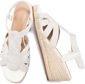 HARENCE Wedge Sandals for Women Espadrilles: Comfortable Platform Elastic Ankle Strap Wedges Heels Dressy Open Toe Summer Wedding Shoes
