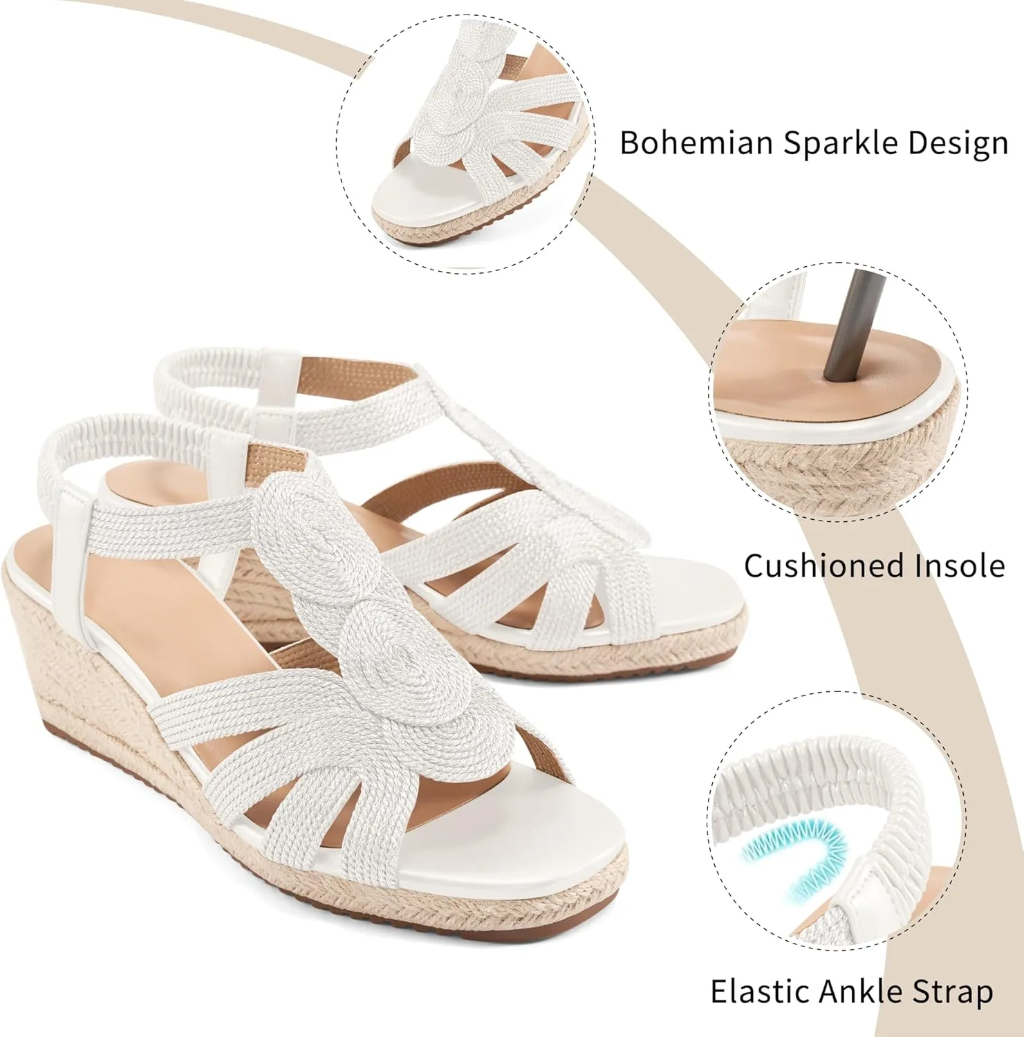 HARENCE Wedge Sandals for Women Espadrilles: Comfortable Platform Elastic Ankle Strap Wedges Heels Dressy Open Toe Summer Wedding Shoes