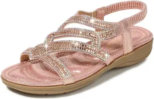 HNGHOU Womens Flats Sandals Summer Gladiator Bohemian Beaded Dress Shoes Comfortable Open Toe Sandal Flat (Black, US 5.5)