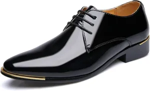 HOOENG Dress Oxford Shoes for Men Lace Up Shiny Round Toe Derby Shoes Patent Leather Non Slip Rubber Sole Block Heel Low Top Business (Color : Black, Size : 10)
