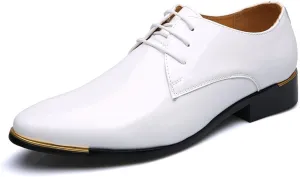 HOOENG Dress Oxford Shoes for Men Lace Up Shiny Round Toe Derby Shoes Patent Leather Non Slip Rubber Sole Block Heel Low Top Business (Color : White, Size : 9)