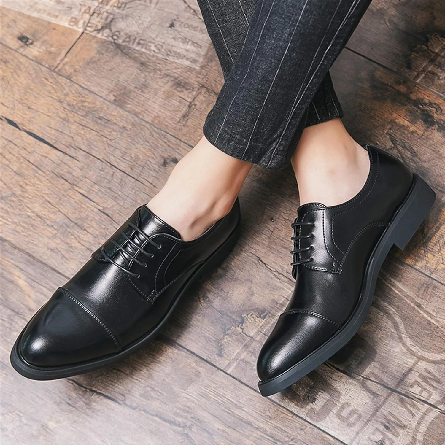 HOOENG Dress Shoes for Men Lace Up Derby Shoes Round Cap Toe Vegan Leather Block Heel Resistant Non Slip Low Top Anti-Slip Classic