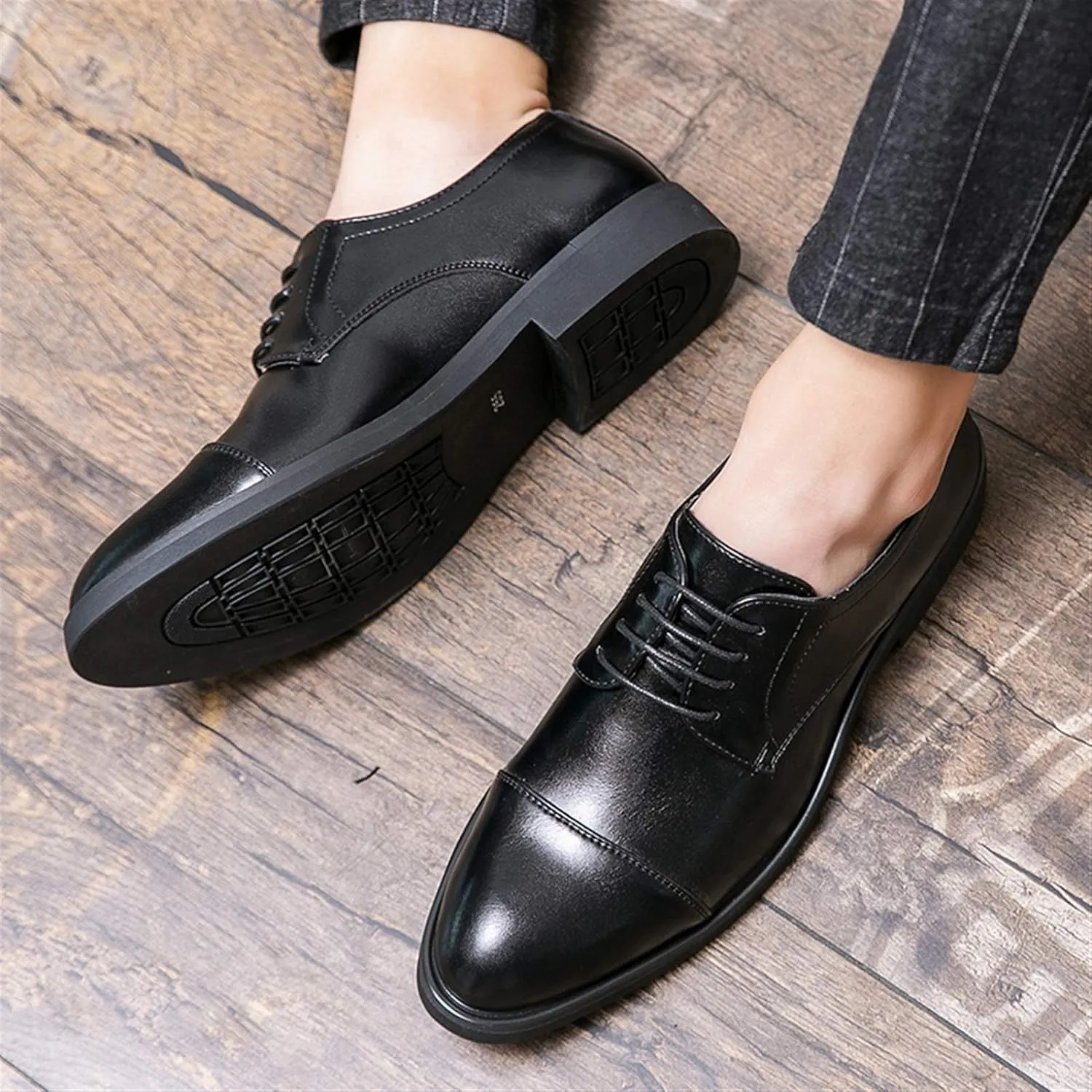 HOOENG Dress Shoes for Men Lace Up Derby Shoes Round Cap Toe Vegan Leather Block Heel Resistant Non Slip Low Top Anti-Slip Classic