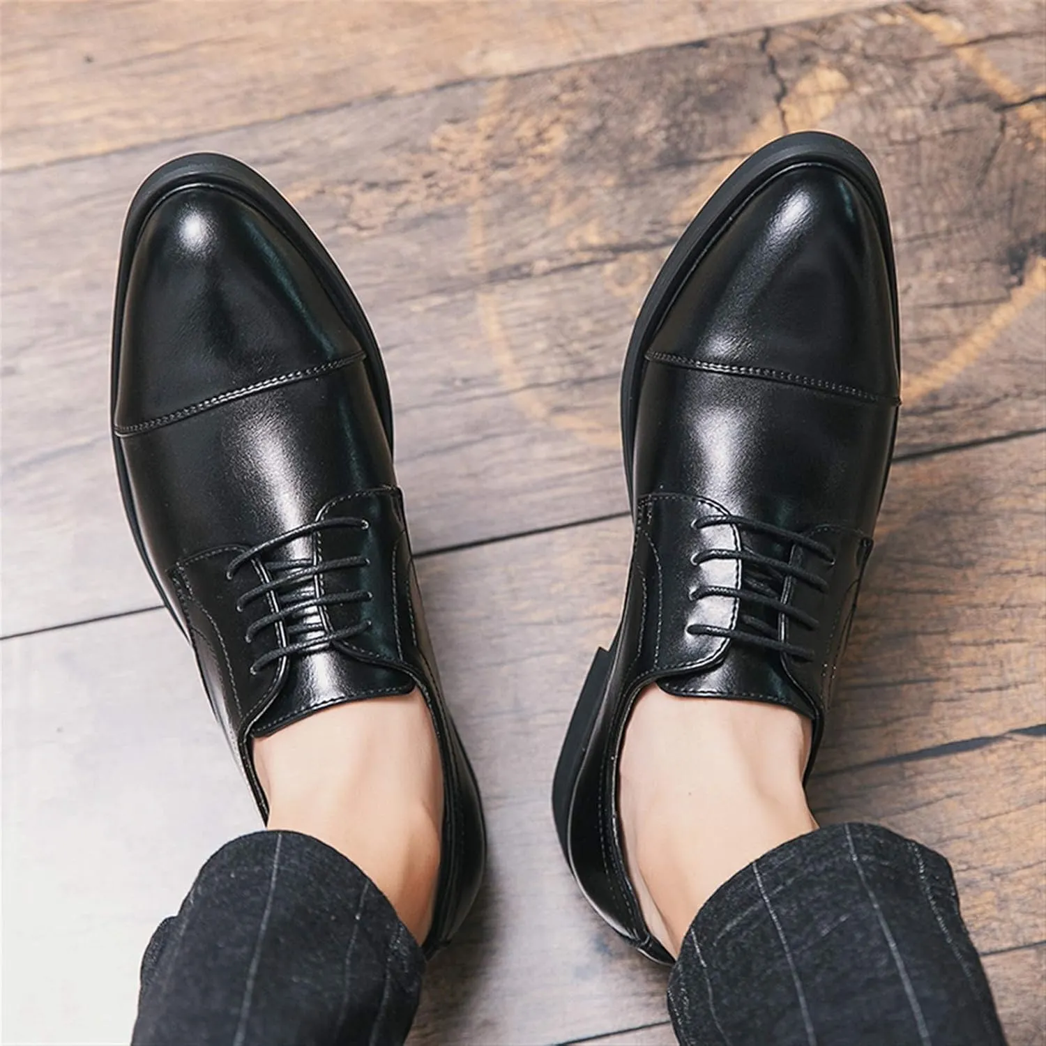 HOOENG Dress Shoes for Men Lace Up Derby Shoes Round Cap Toe Vegan Leather Block Heel Resistant Non Slip Low Top Anti-Slip Classic