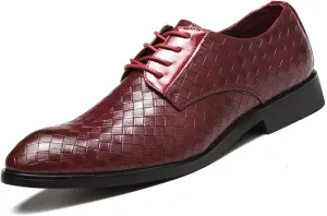 HOOENG Dress Shoes for Men Lace Up Round Toe Plaid Derby Shoes PU Leather Anti-Slip Rubber Sole Slip Resistant Low Top Prom (Color : Red, Size : 11)