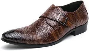 HOOENG Formal Shoes for Men Slip On Pointed Burnished Toe Faux Leather Crocodile Print Monk Strap Block Heel Slip Resistant Anti-Slip Outdoor(Color:Brown,Size:11)