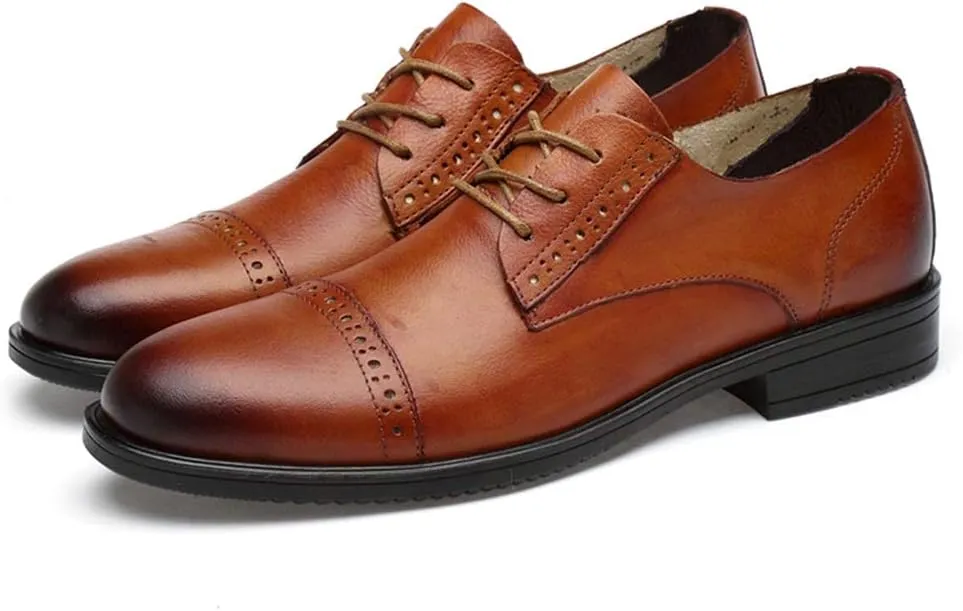 HOOENG Shoes Dress Oxford for Men Lace Up Cap Toe Derby Shoes Cowhide Anti-Slip Block Heel Rubber Sole Non Slip Wedding