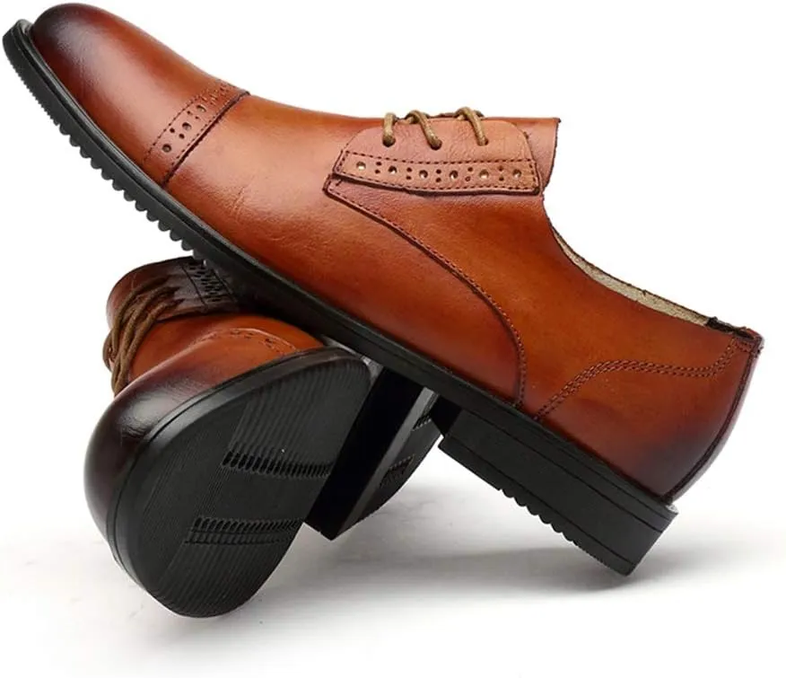 HOOENG Shoes Dress Oxford for Men Lace Up Cap Toe Derby Shoes Cowhide Anti-Slip Block Heel Rubber Sole Non Slip Wedding