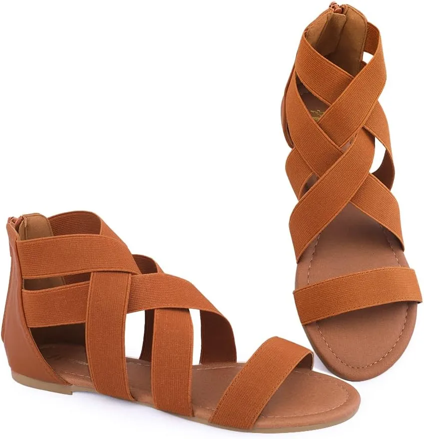 Huayuanwell Women's Gladiator Flat Sandals, Ankle Strap, Size 6 (US), Black, White, Blue, Grey