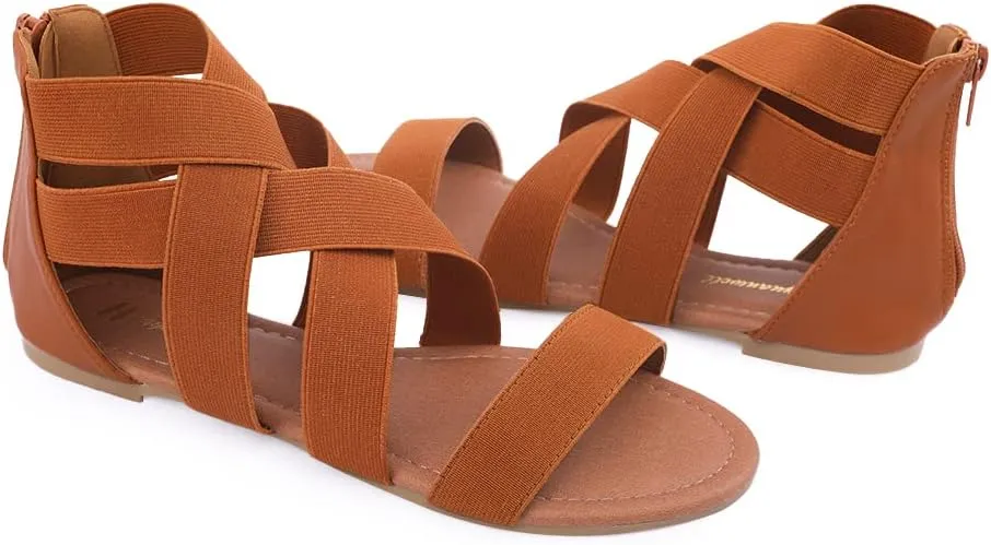 Huayuanwell Women's Gladiator Flat Sandals, Ankle Strap, Size 6 (US), Black, White, Blue, Grey