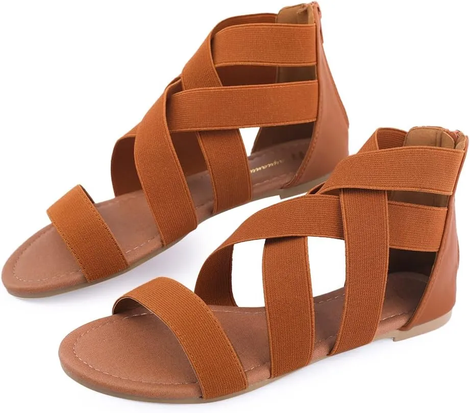 Huayuanwell Women's Gladiator Flat Sandals, Ankle Strap, Size 6 (US), Black, White, Blue, Grey