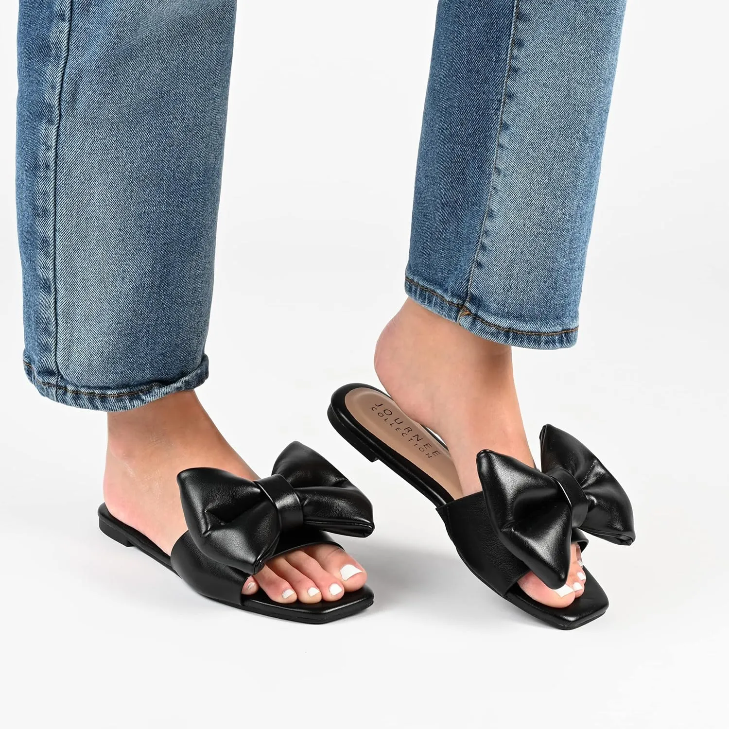 Journee Womens Bow Knot Flat Open Square Toe Dressy Sandal Fayre Comfort Slip On Slide Shoes
