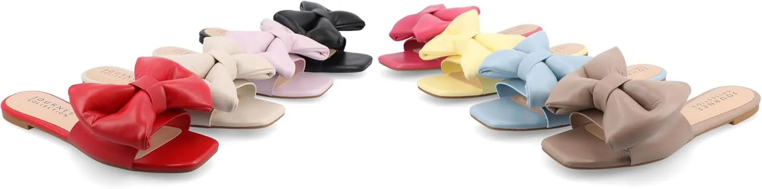 Journee Womens Bow Knot Flat Open Square Toe Dressy Sandal Fayre Comfort Slip On Slide Shoes