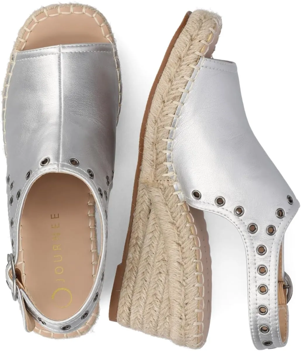 Journee Womens cushioned footbed Crisie Wedge Heel Sandals Espadrille Ankle Buckle Faux Leather Open Toe 3-4 Inch Heel