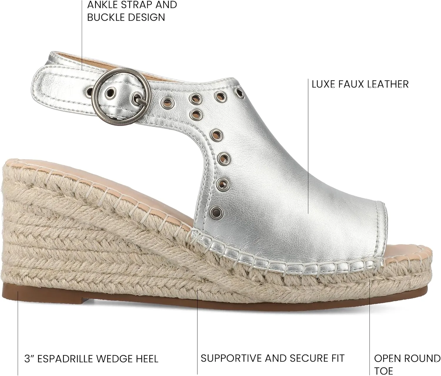 Journee Womens cushioned footbed Crisie Wedge Heel Sandals Espadrille Ankle Buckle Faux Leather Open Toe 3-4 Inch Heel