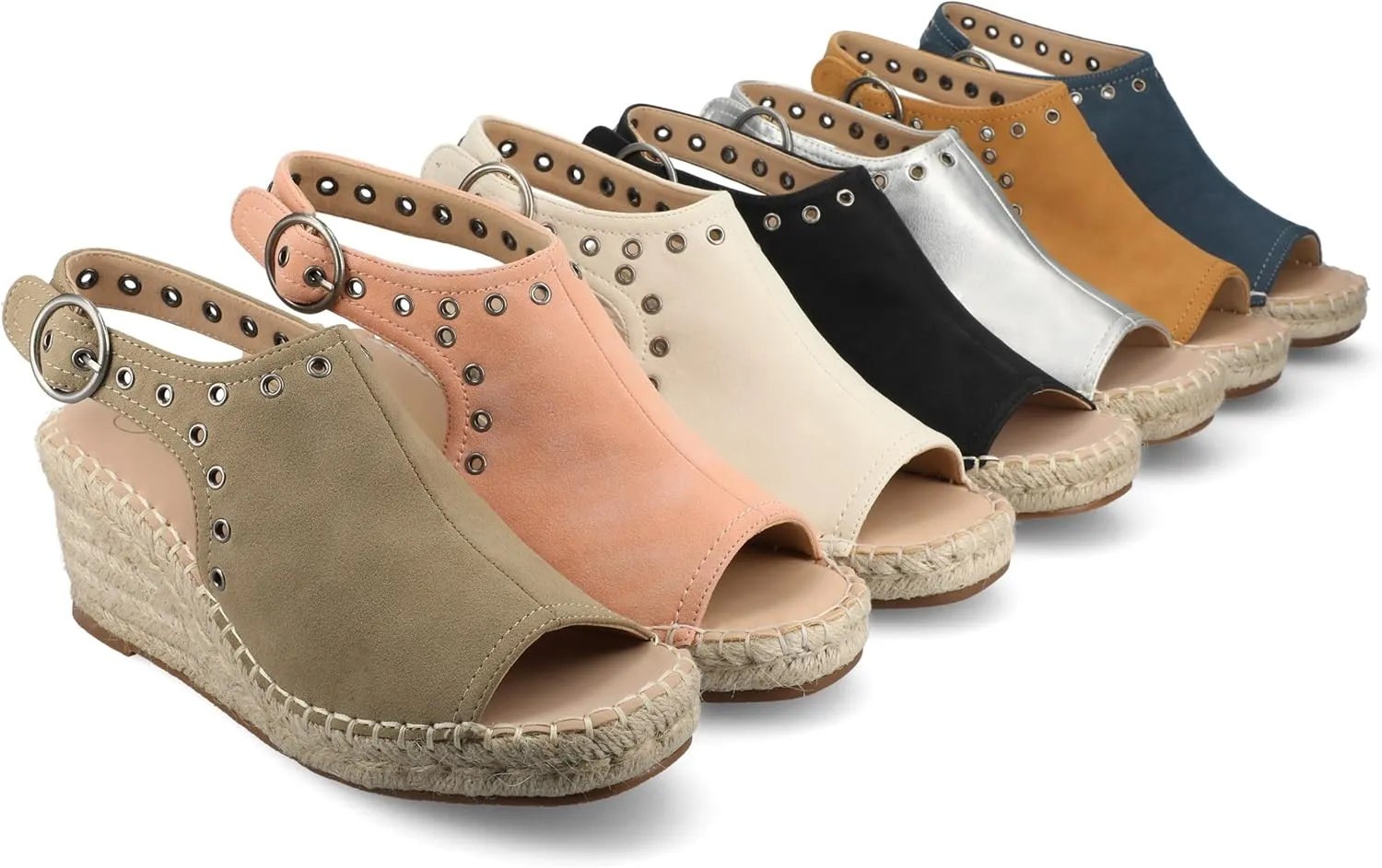 Journee Womens cushioned footbed Crisie Wedge Heel Sandals Espadrille Ankle Buckle Faux Leather Open Toe 3-4 Inch Heel