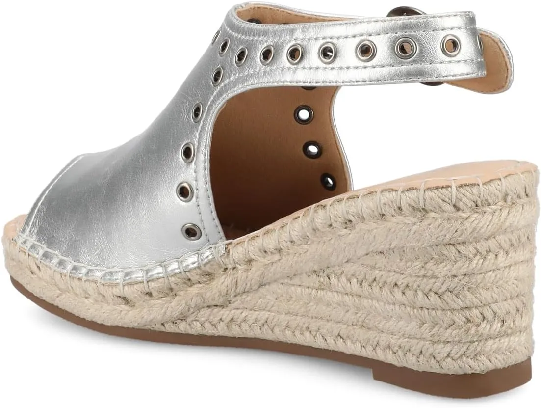Journee Womens cushioned footbed Crisie Wedge Heel Sandals Espadrille Ankle Buckle Faux Leather Open Toe 3-4 Inch Heel