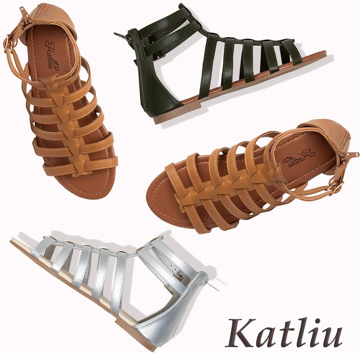 katliu Women's Gladiator Sandal Flat Strap Sandals Two Ankle Buckle