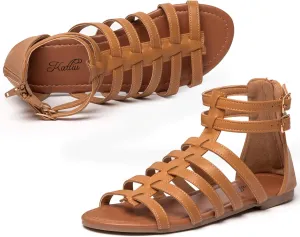 katliu Women's Gladiator Sandal Flat Strap Sandals Two Ankle Buckle