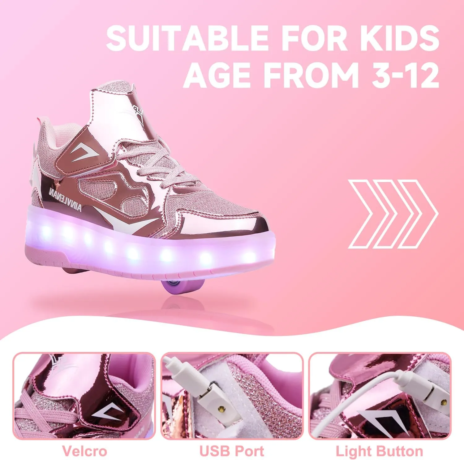 Kids LED Roller Skate Shoes with Double Wheels Rechargeable Retractable Wheels Light Up Sneakers for Christmas Birthday Gifts