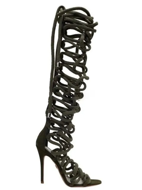 Lace Up Gladiator Knee High Sandal Boots