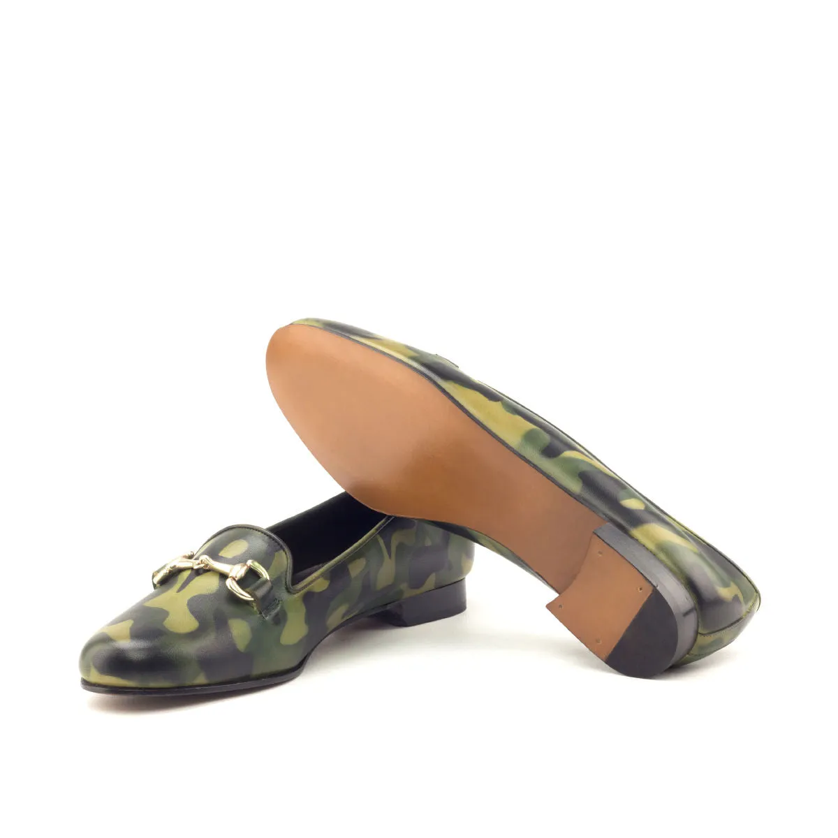 Ladies Rosa Slip On in Hand Painted Khaki Patina Calf Leather detailed with Gold Metal Bit