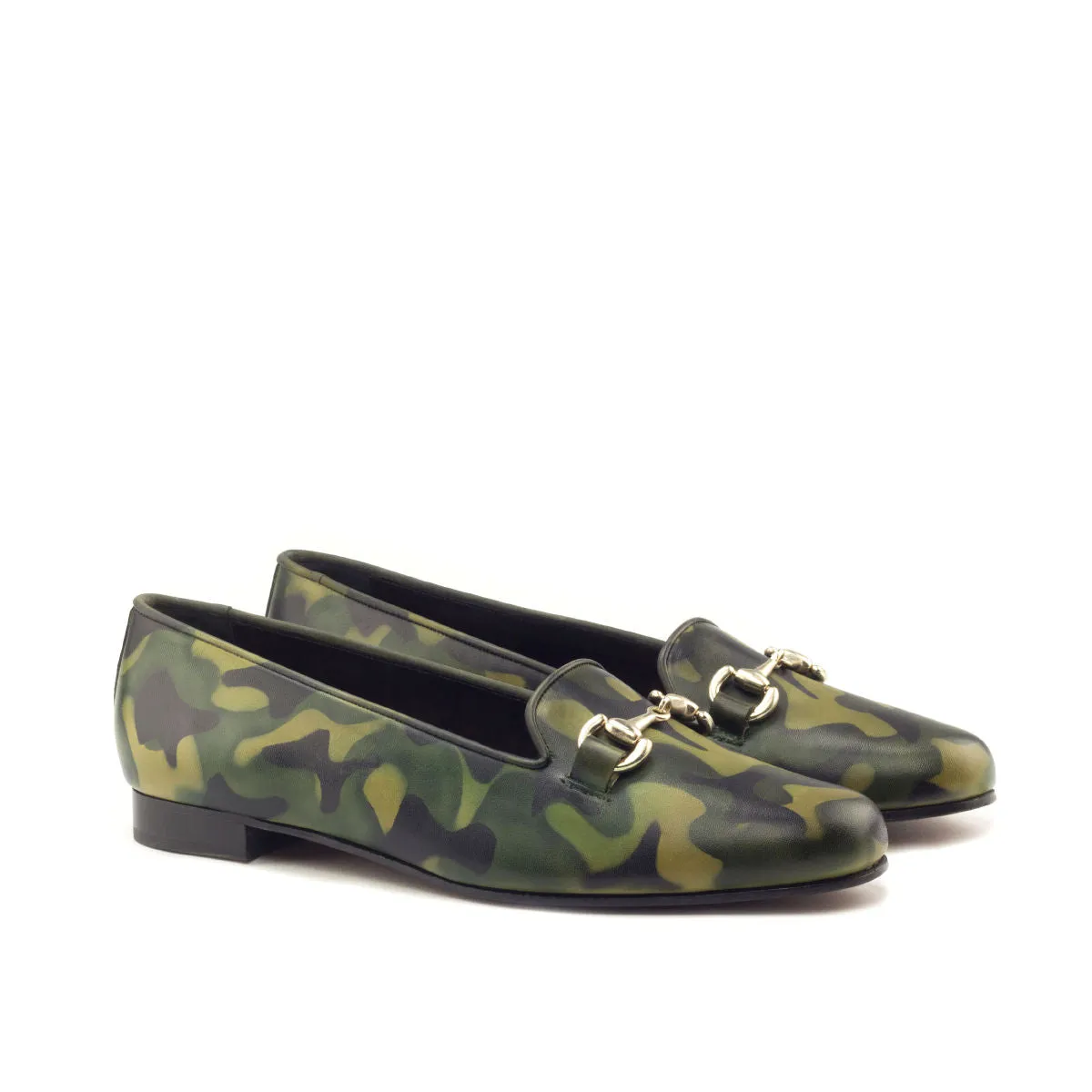 Ladies Rosa Slip On in Hand Painted Khaki Patina Calf Leather detailed with Gold Metal Bit
