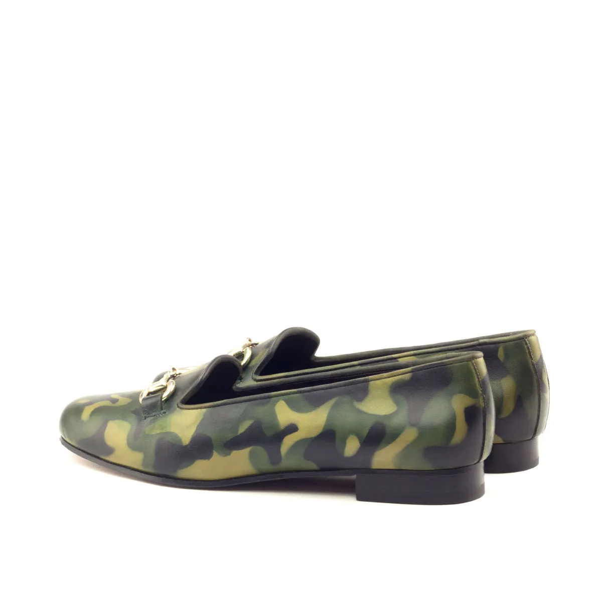 Ladies Rosa Slip On in Hand Painted Khaki Patina Calf Leather detailed with Gold Metal Bit