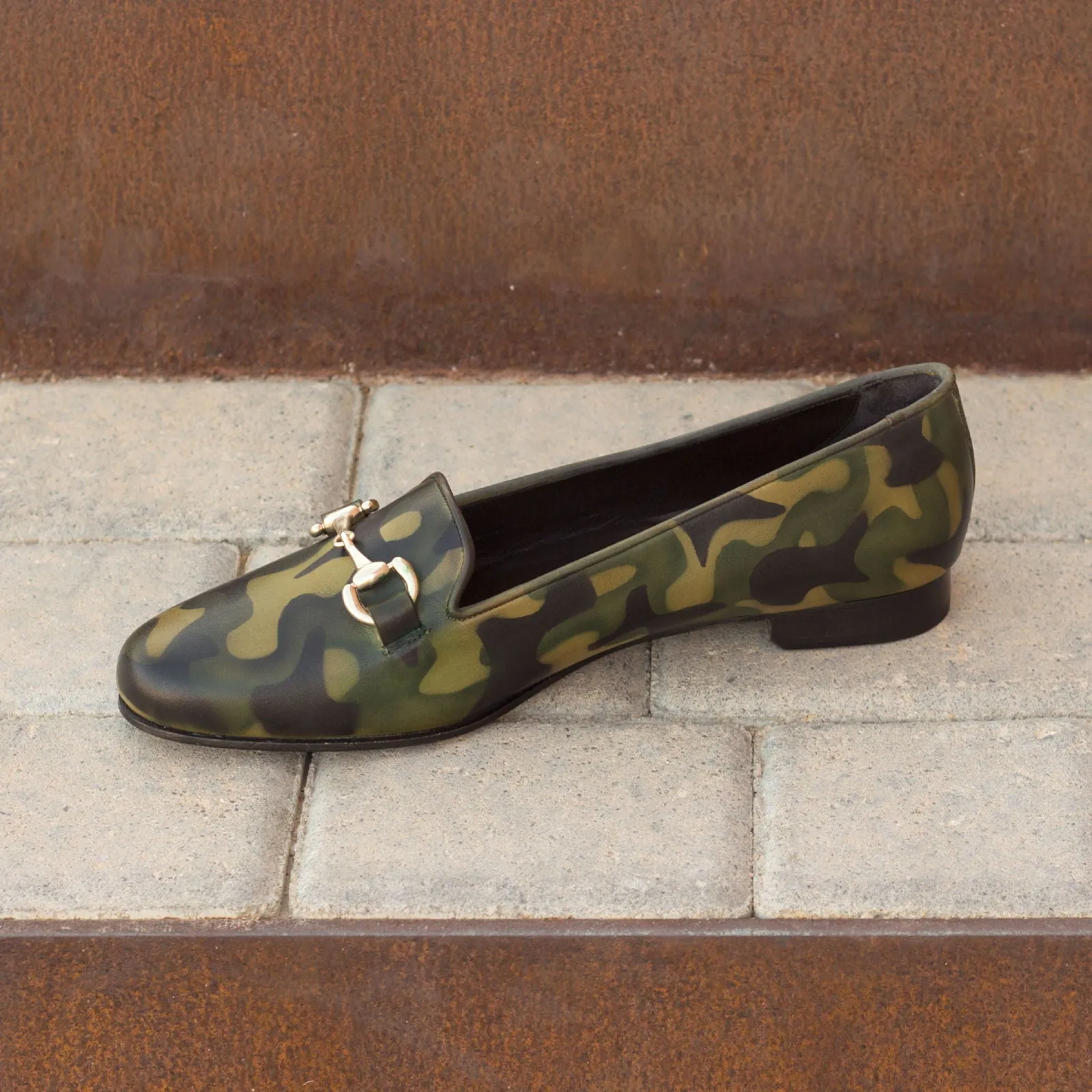 Ladies Rosa Slip On in Hand Painted Khaki Patina Calf Leather detailed with Gold Metal Bit