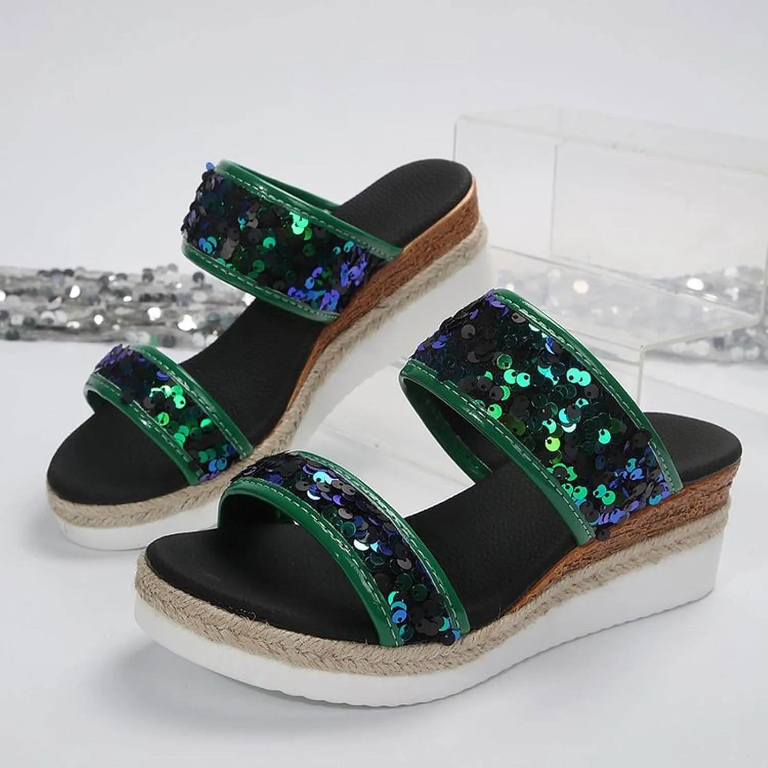Large Size Sequined Wedge Heel Fashion Sandals New Summer Women's Slippers One Word Wedge Espadrille Sandals for Women